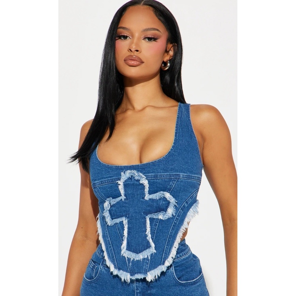 M Frayed Denim Corset/ Tank Top With Cross Detail